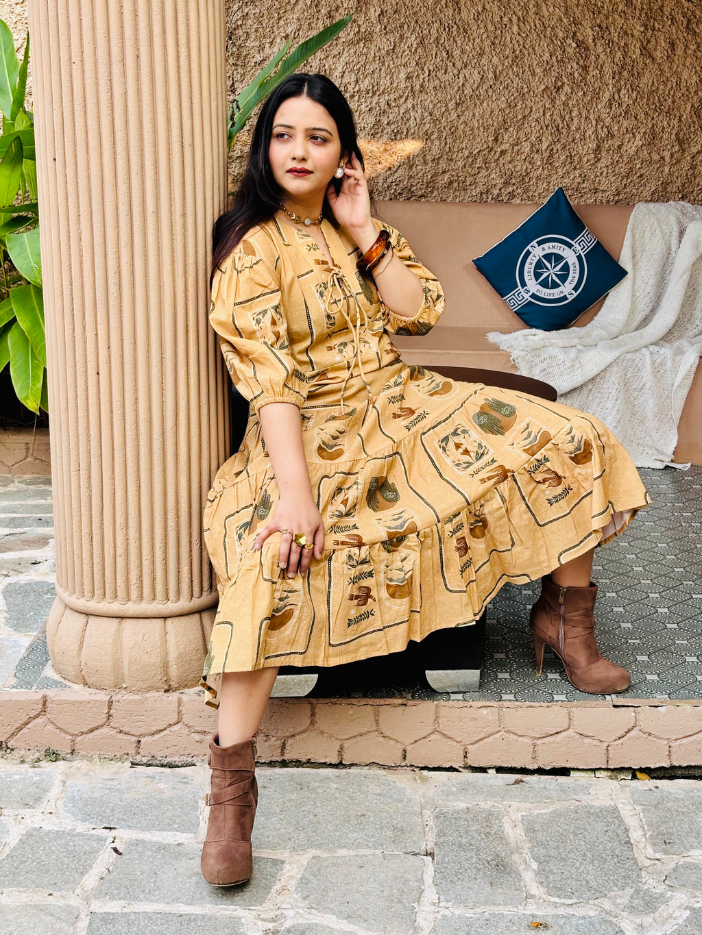 Beige Boho Tiered Dress
